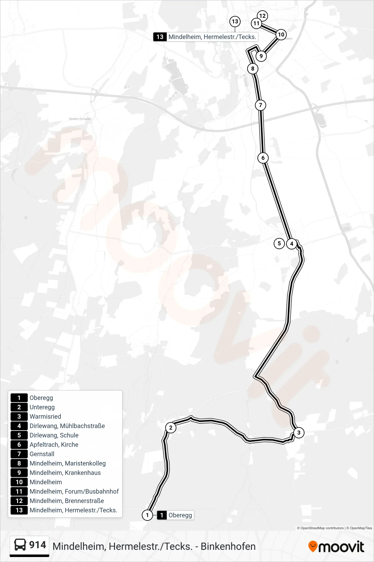 914 bus Line (Mindelheim) route and stops on a map