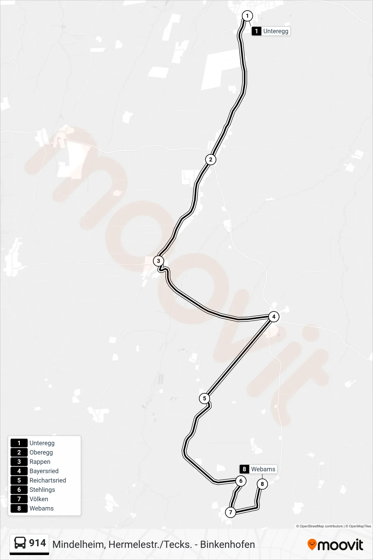 914 bus Line (Webams) route and stops on a map