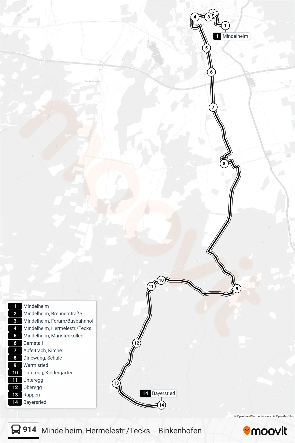 914 bus Line (Bayersried) route and stops on a map