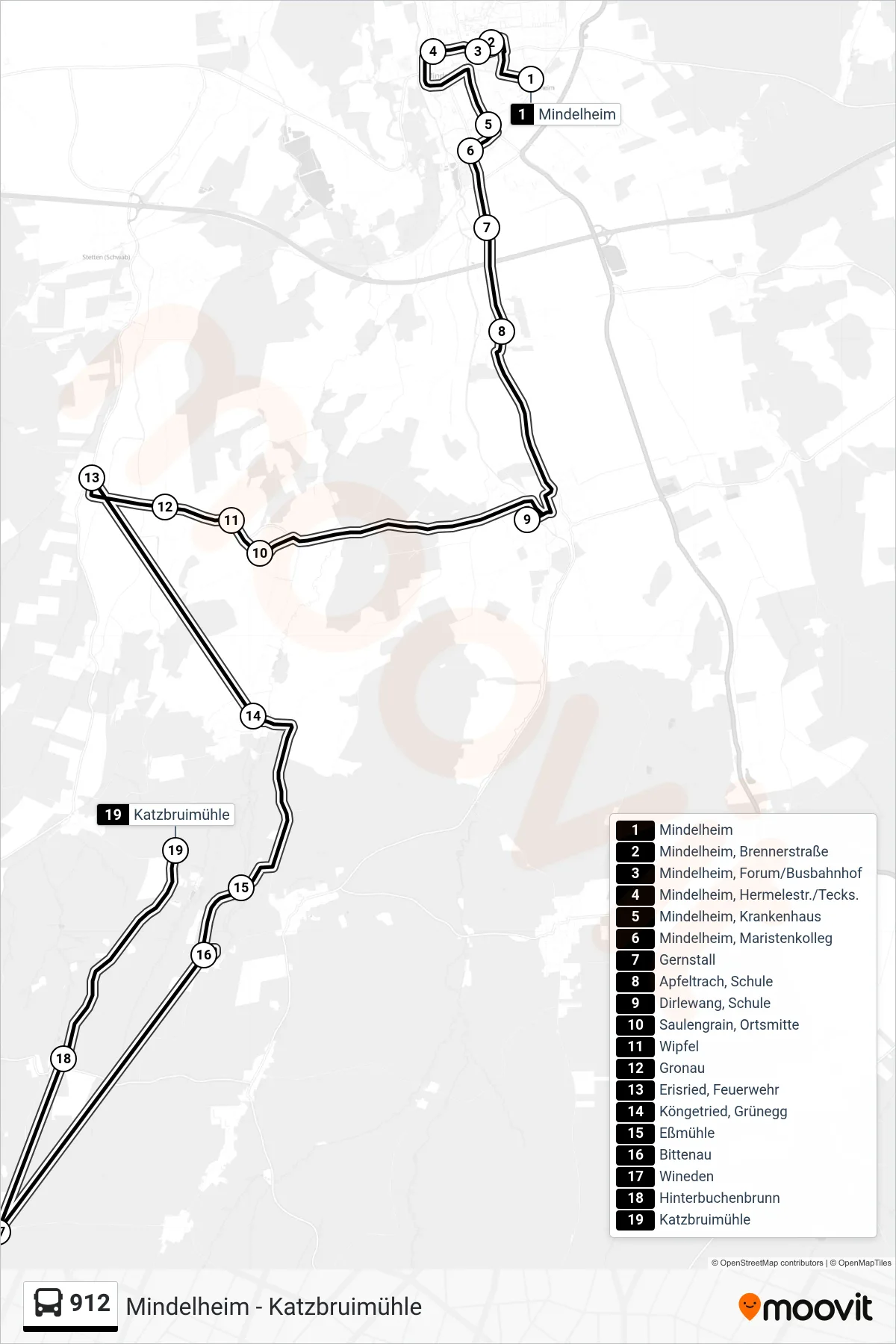 912 bus Line (Katzbruimühle) route and stops on a map