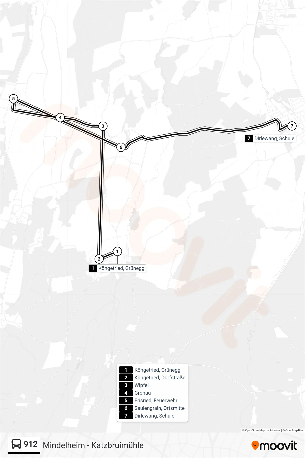 912 bus Line (Dirlewang) route and stops on a map