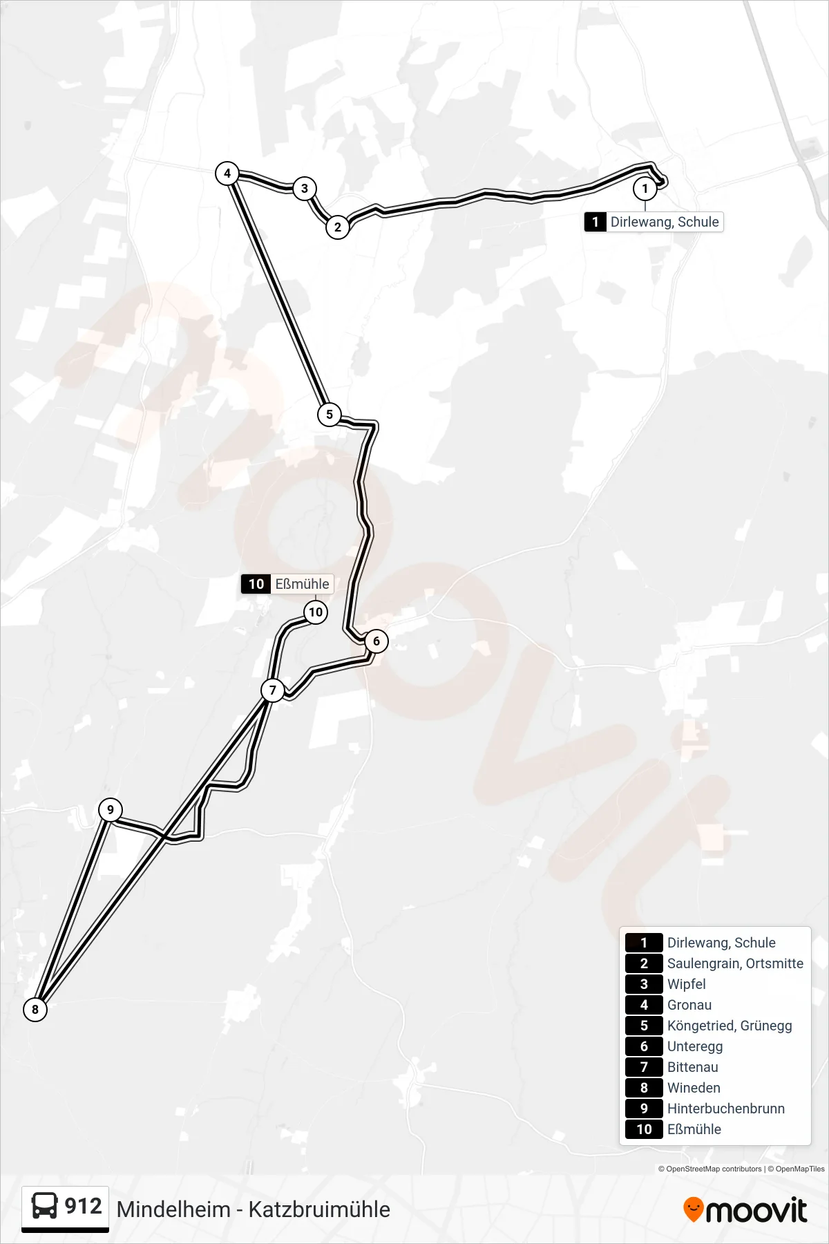Linie 912 (Bus) Richtung Hinterbuchenbrunn: Route und Haltestellen auf der Karte