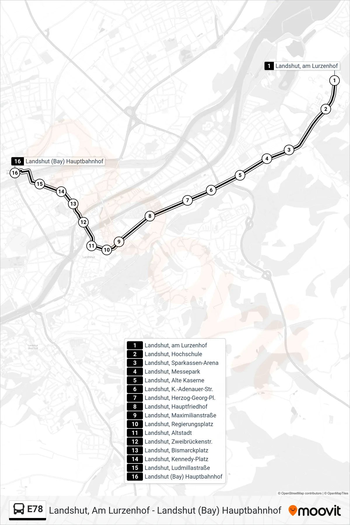 Linie E78 (Bus) Richtung Landshut (Bay) Hauptbahnhof: Route und Haltestellen auf der Karte
