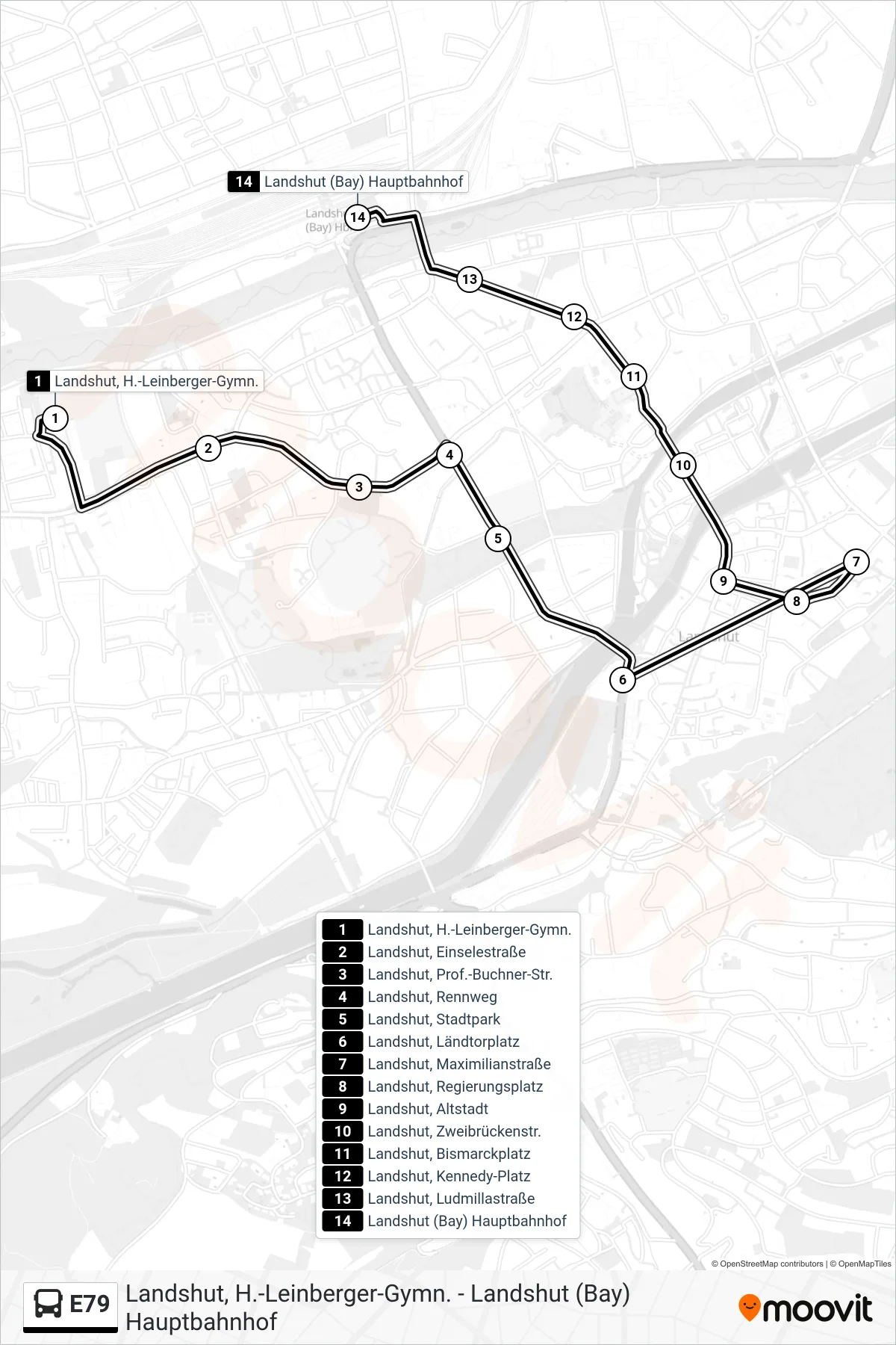 Linie E79 (Bus) Richtung Landshut (Bay) Hauptbahnhof: Route und Haltestellen auf der Karte