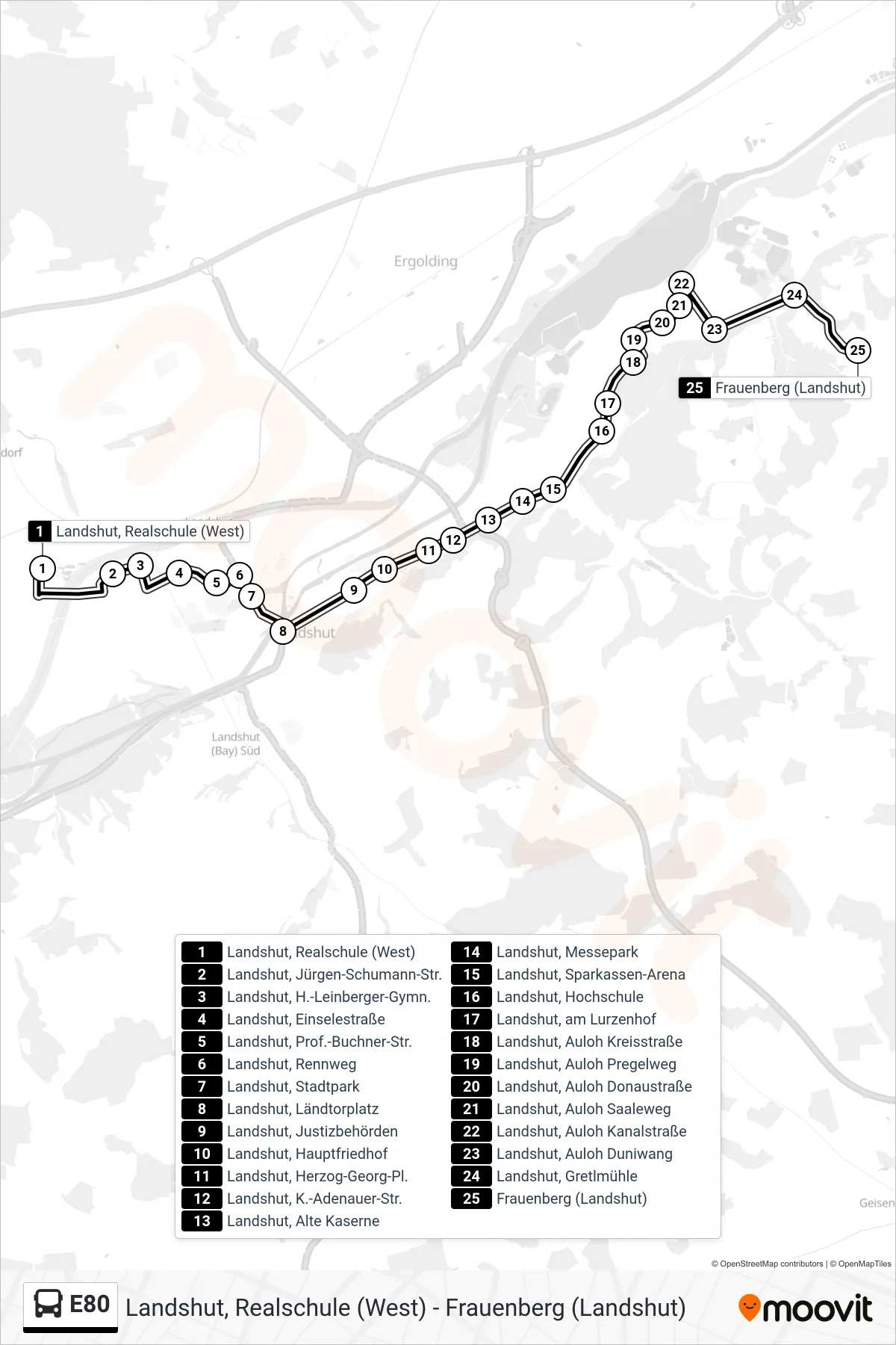 Linie E80 (Bus) Richtung Frauenberg (Landshut): Route und Haltestellen auf der Karte