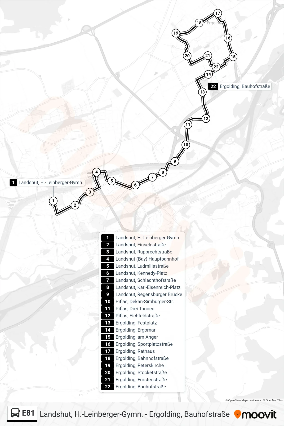 Linie E81 (Bus) Richtung Ergolding, Bauhofstraße: Route und Haltestellen auf der Karte