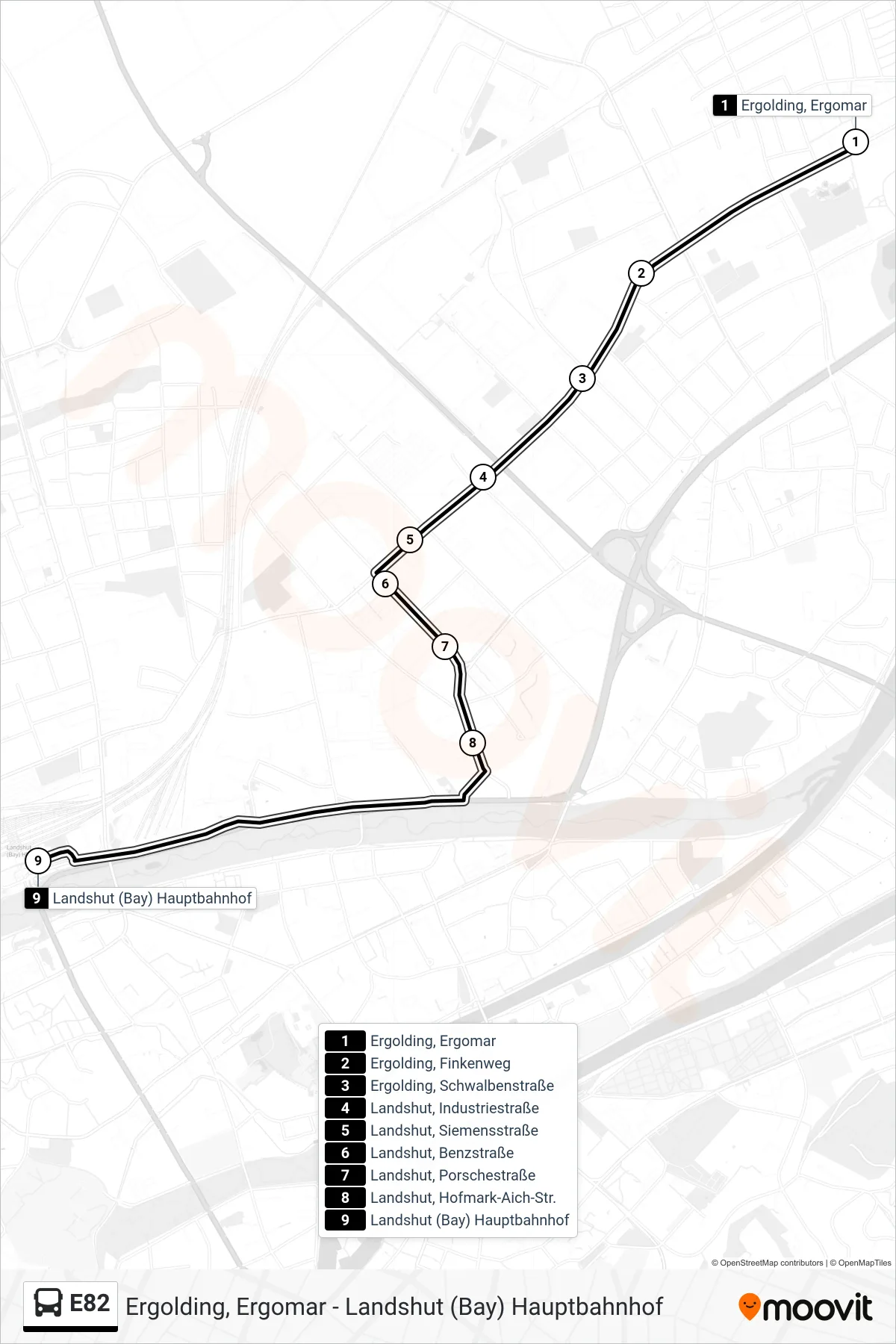 Linie E82 (Bus) Richtung Landshut (Bay) Hauptbahnhof: Route und Haltestellen auf der Karte