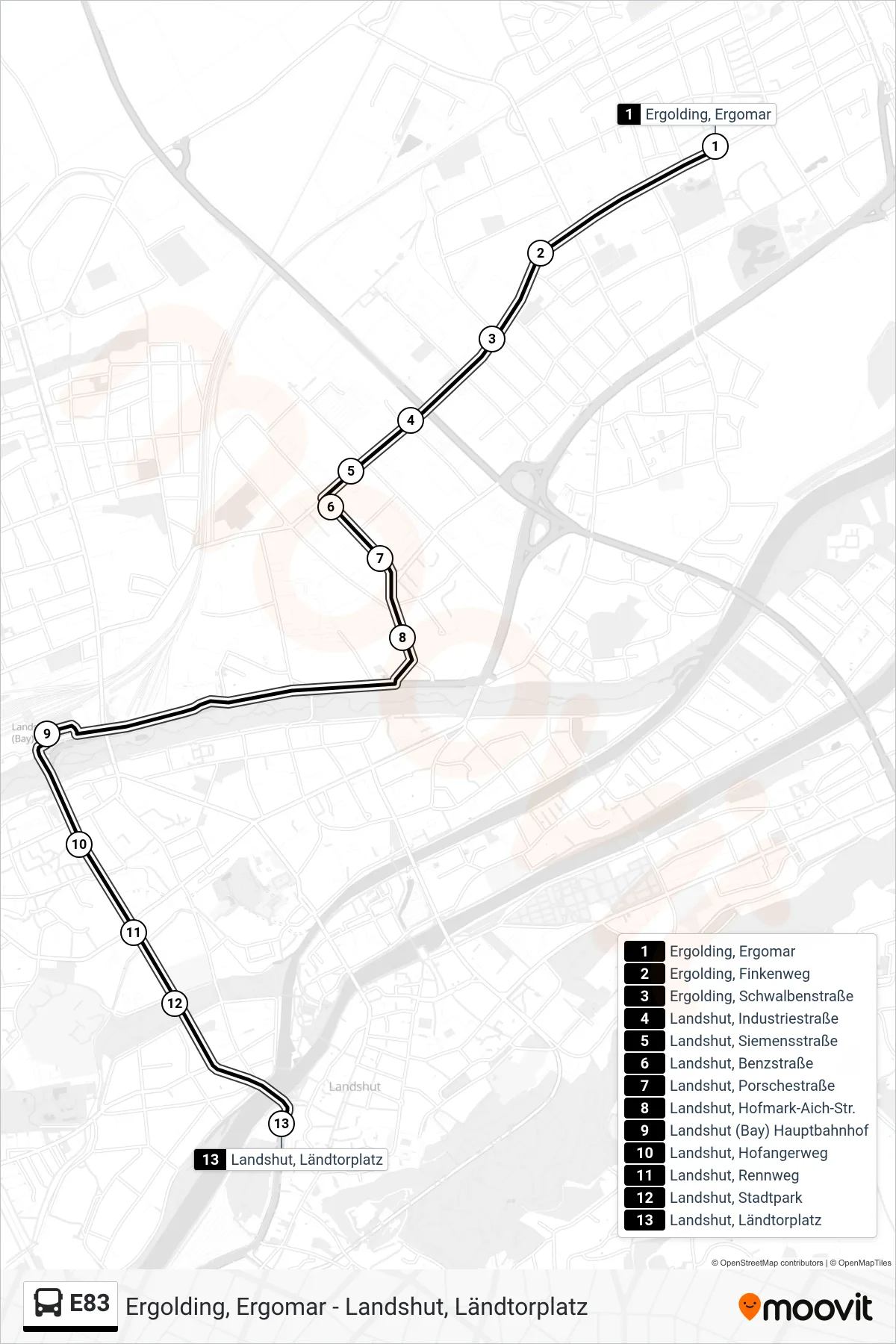 Linie E83 (Bus) Richtung Landshut, Ländtorplatz: Route und Haltestellen auf der Karte