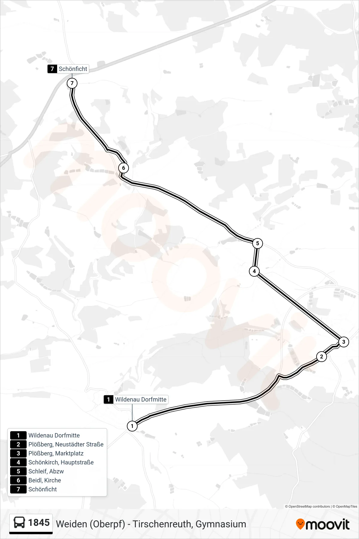 1845 bus Line (Schönficht) route and stops on a map