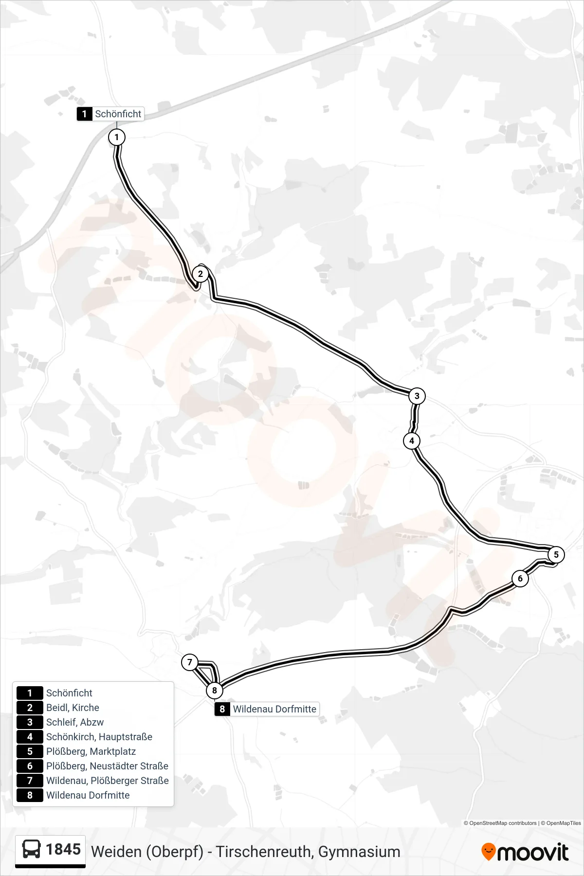 1845 bus Line (Wildenau Dorfmitte) route and stops on a map