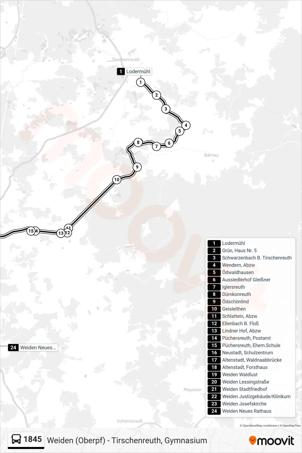 Linie 1845 (Bus) Richtung Weiden Neues Rathaus: Route und Haltestellen auf der Karte