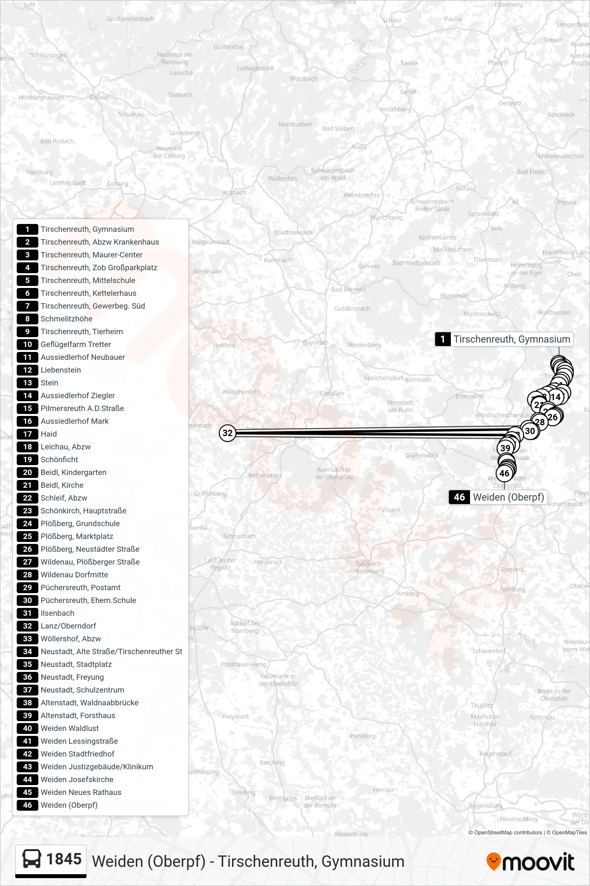 1845 bus Line (Weiden (Oberpf)) route and stops on a map