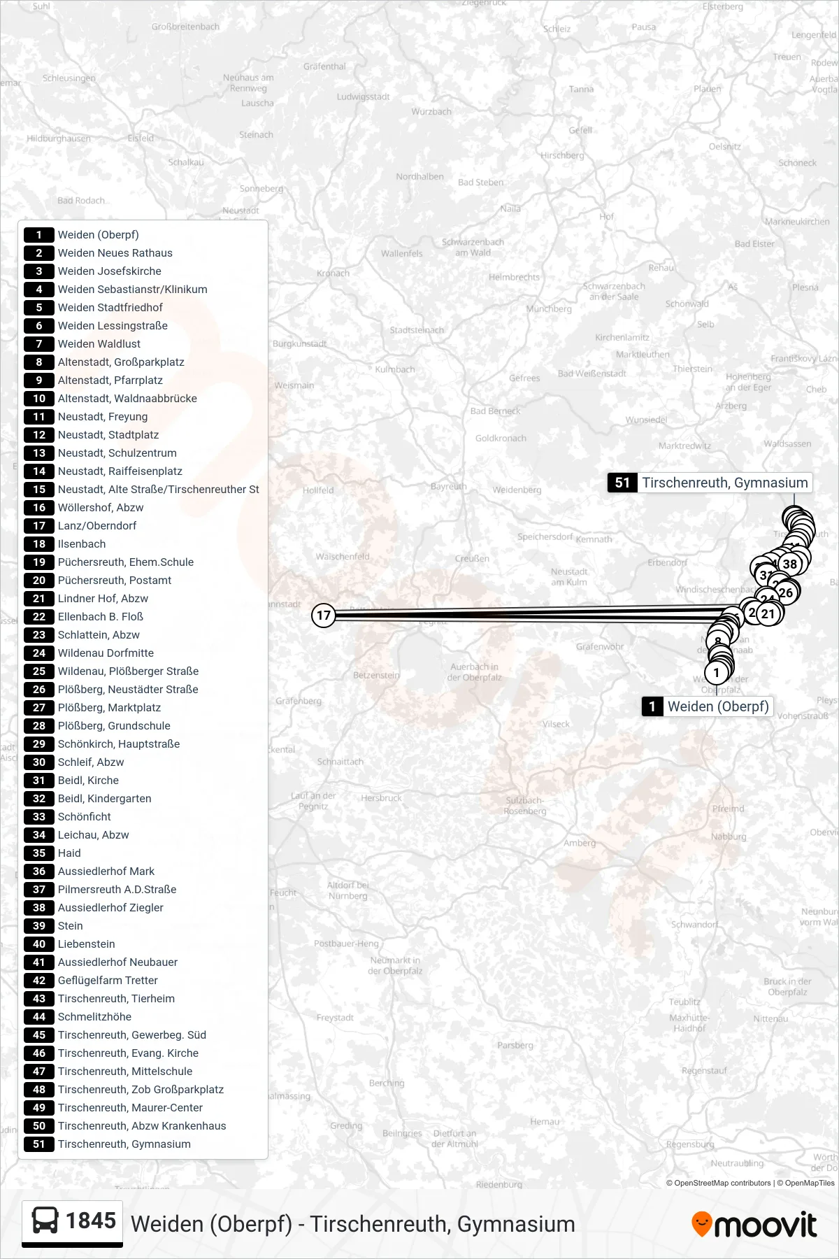 Linie 1845 (Bus) Richtung Tirschenreuth, Gymnasium: Route und Haltestellen auf der Karte