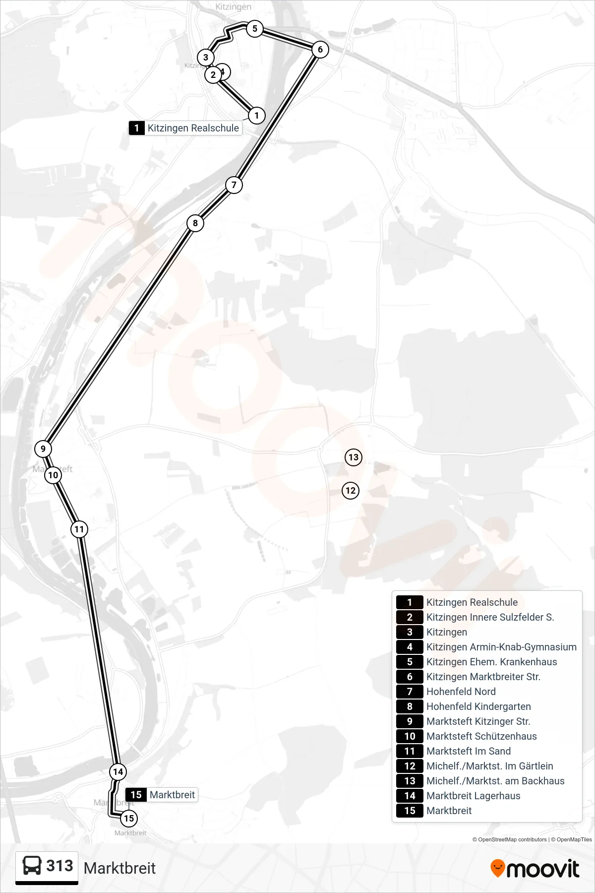 Linie 313 (Bus) Richtung Marktbreit: Route und Haltestellen auf der Karte