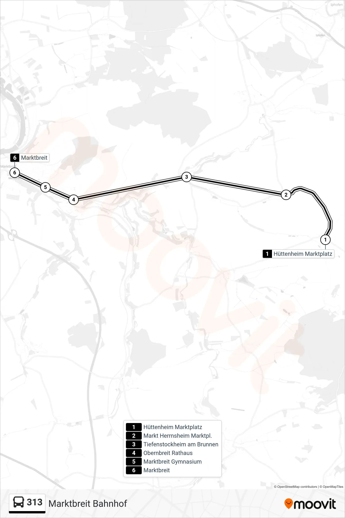 313 bus Line (Marktbreit Bahnhof) route and stops on a map