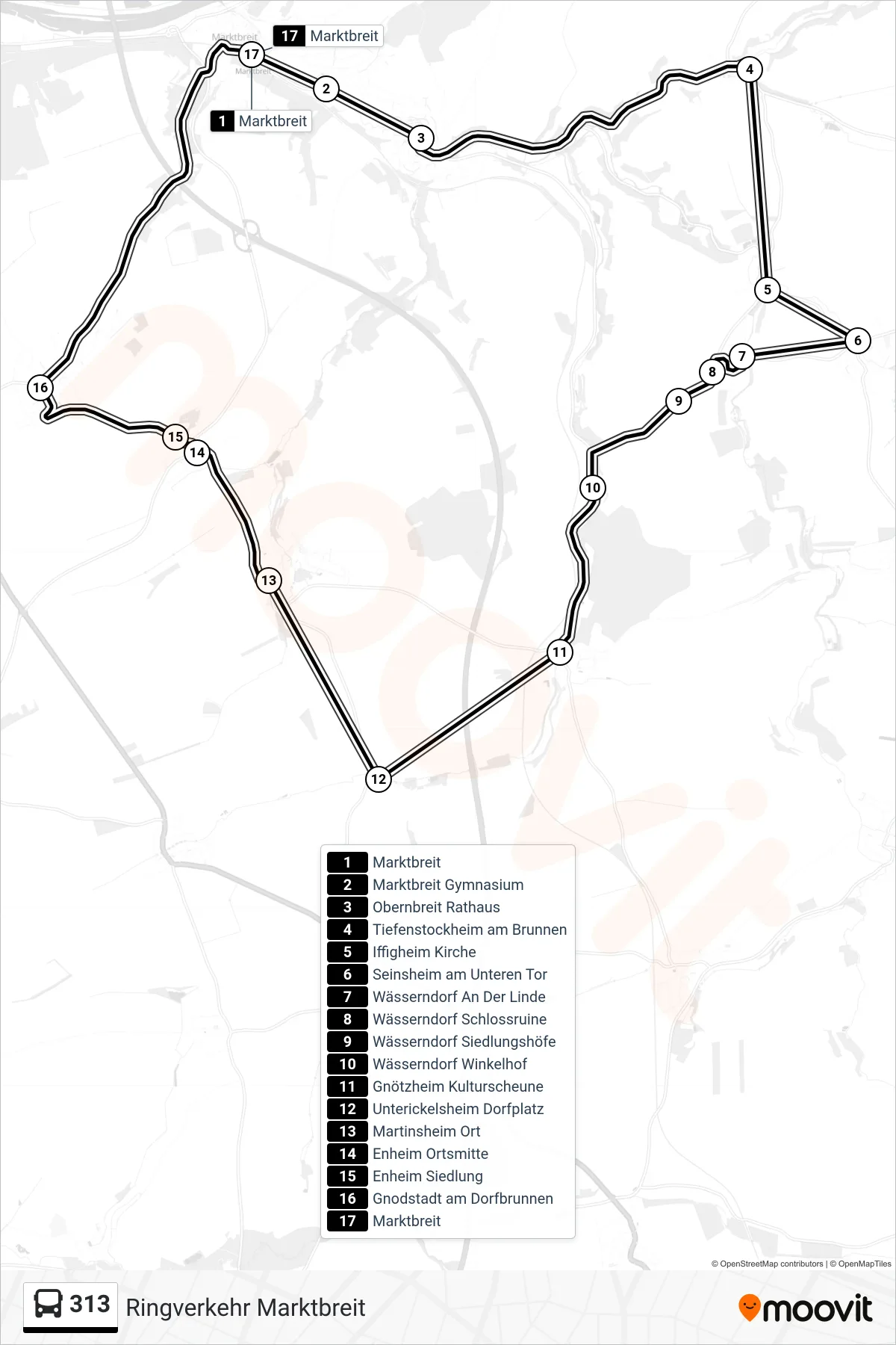313 bus Line (Ringverkehr Marktbreit) route and stops on a map