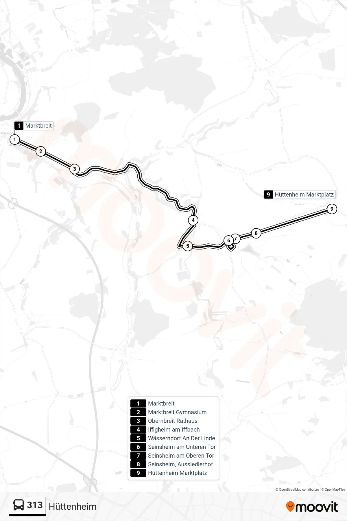313 bus Line (Hüttenheim) route and stops on a map