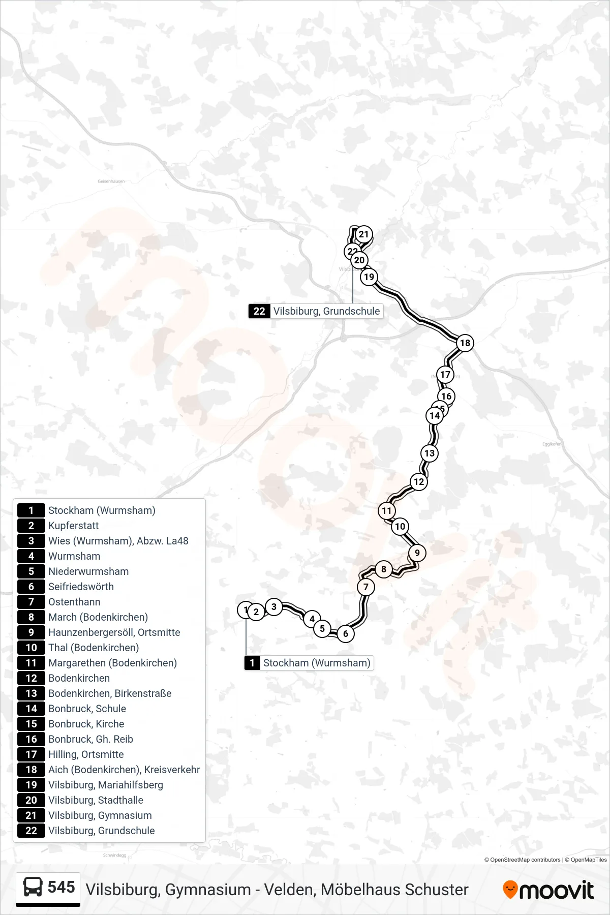 545 bus Line (Vilsbiburg, Grundschule) route and stops on a map