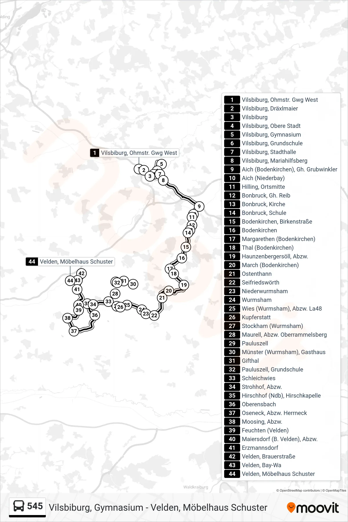 545 bus Line (Velden, Möbelhaus Schuster) route and stops on a map