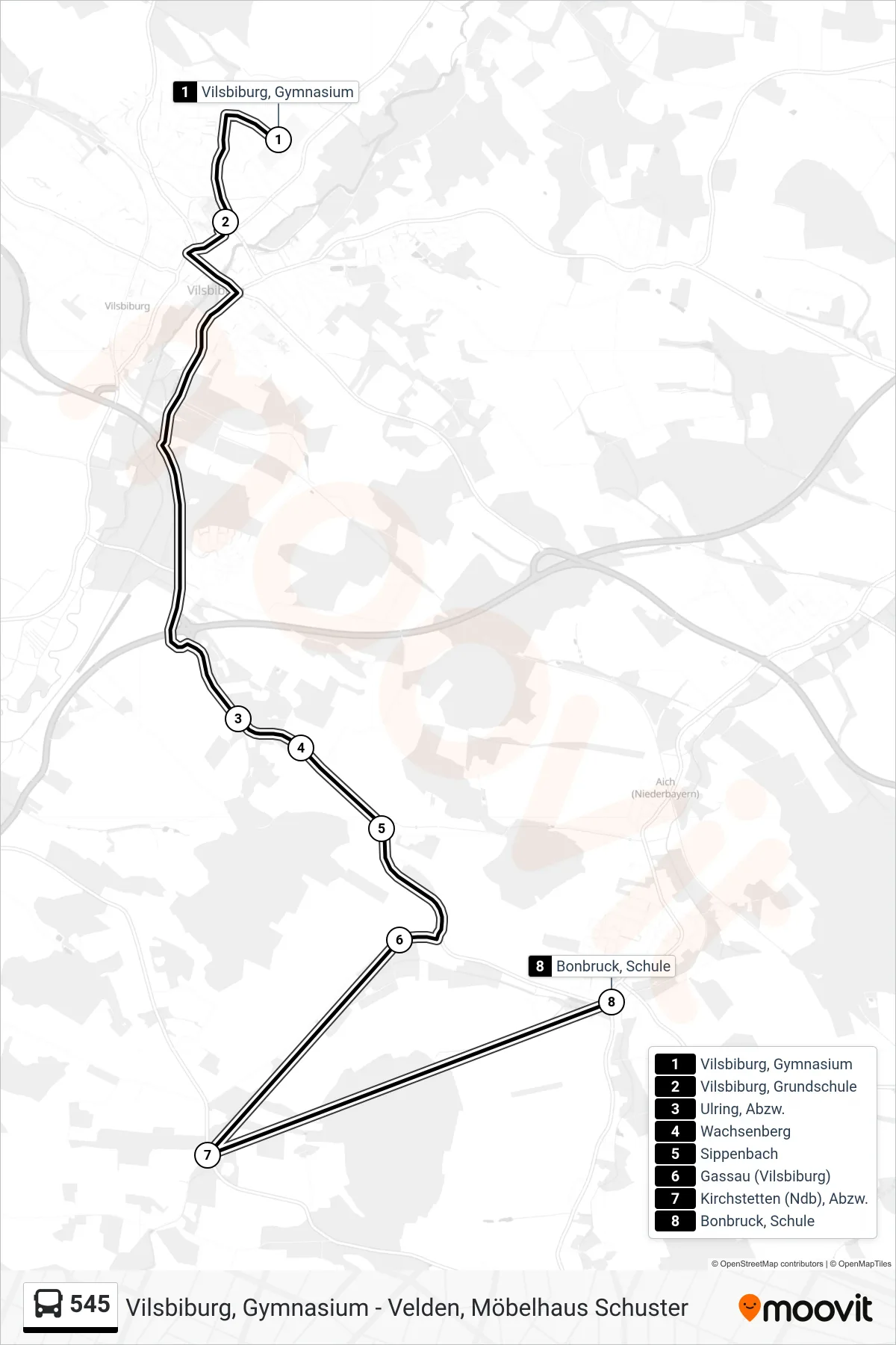 545 bus Line (Bonbruck, Schule) route and stops on a map