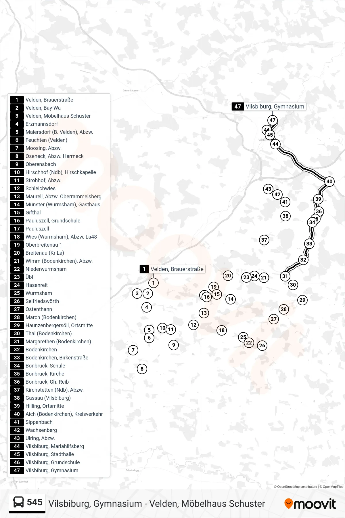 545 bus Line (Vilsbiburg, Gymnasium) route and stops on a map