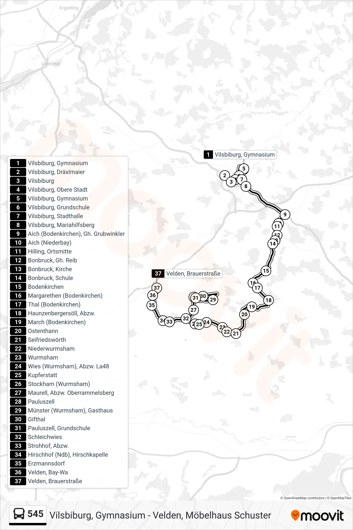 545 bus Line (Velden, Brauerstraße) route and stops on a map