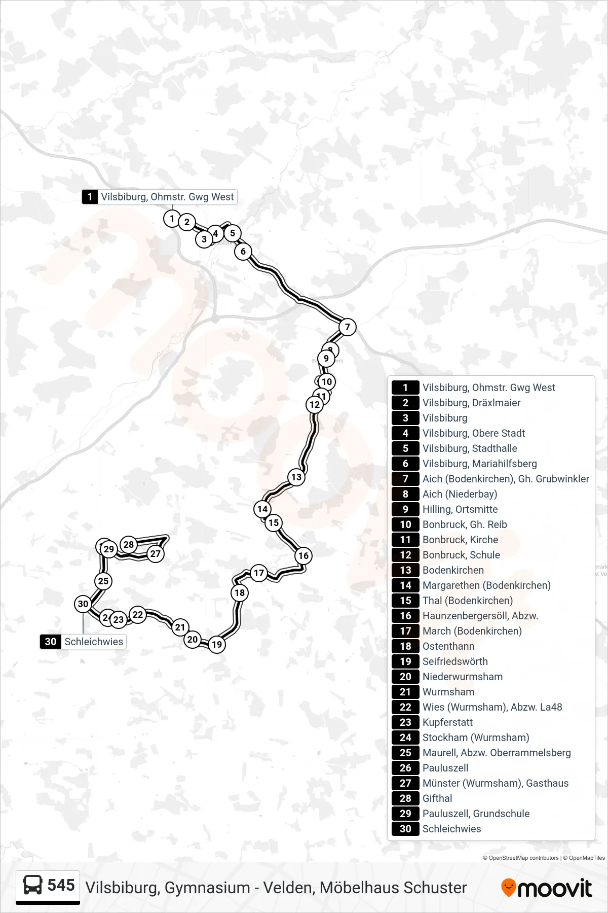 545 bus Line (Schleichwies) route and stops on a map
