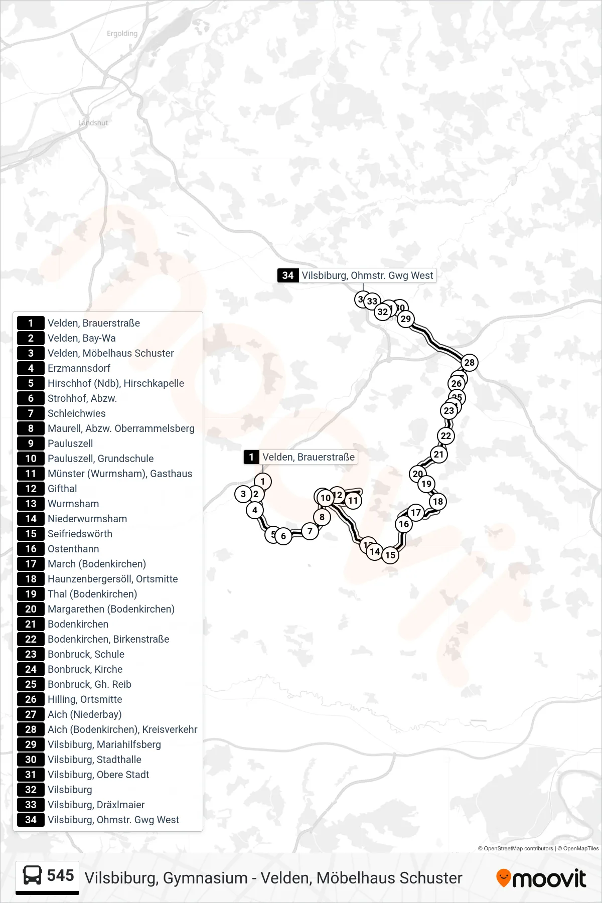545 bus Line (Vilsbiburg, Ohmstr. Gwg West) route and stops on a map