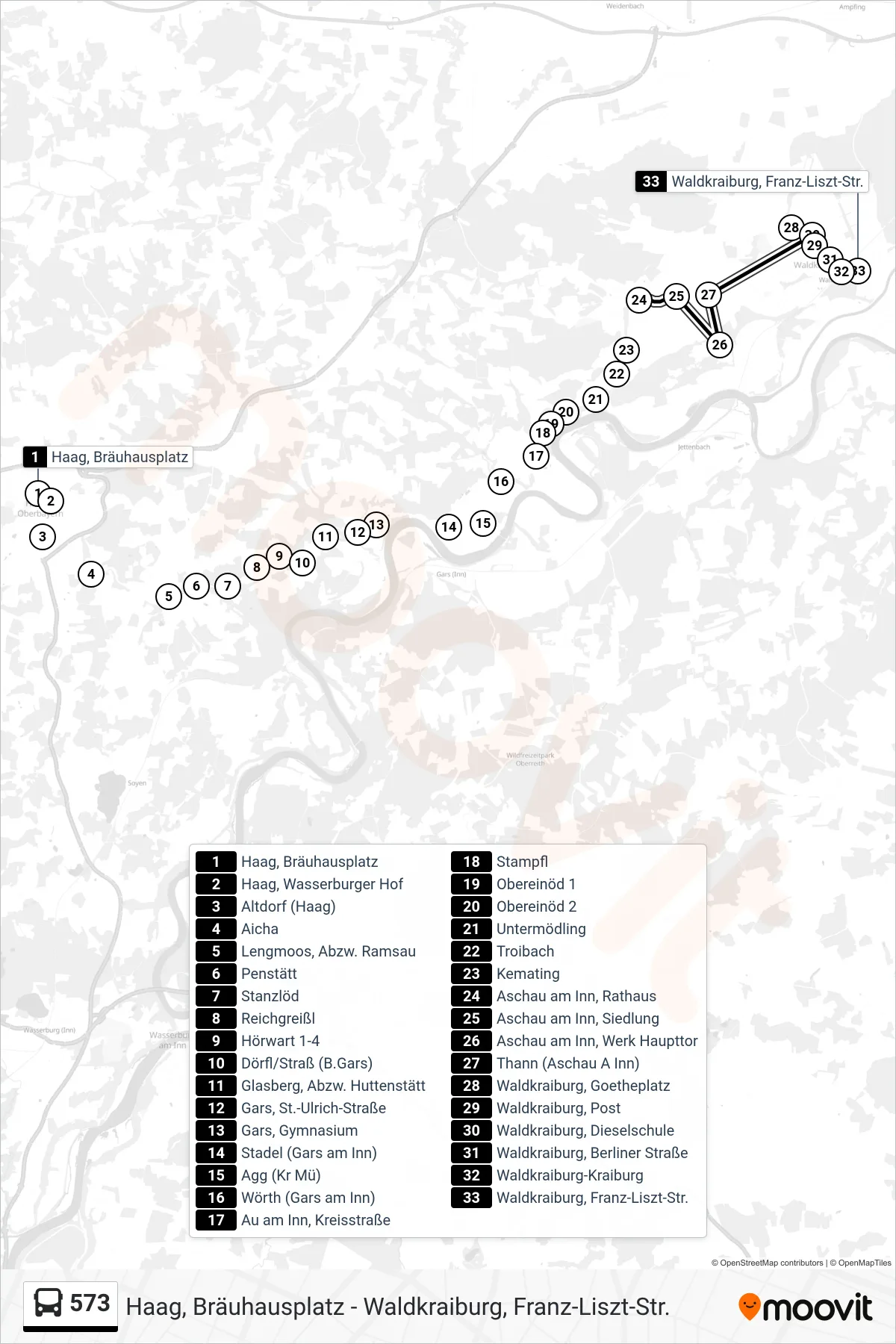 573 bus Line (Waldkraiburg, Franz-Liszt-Str.) route and stops on a map