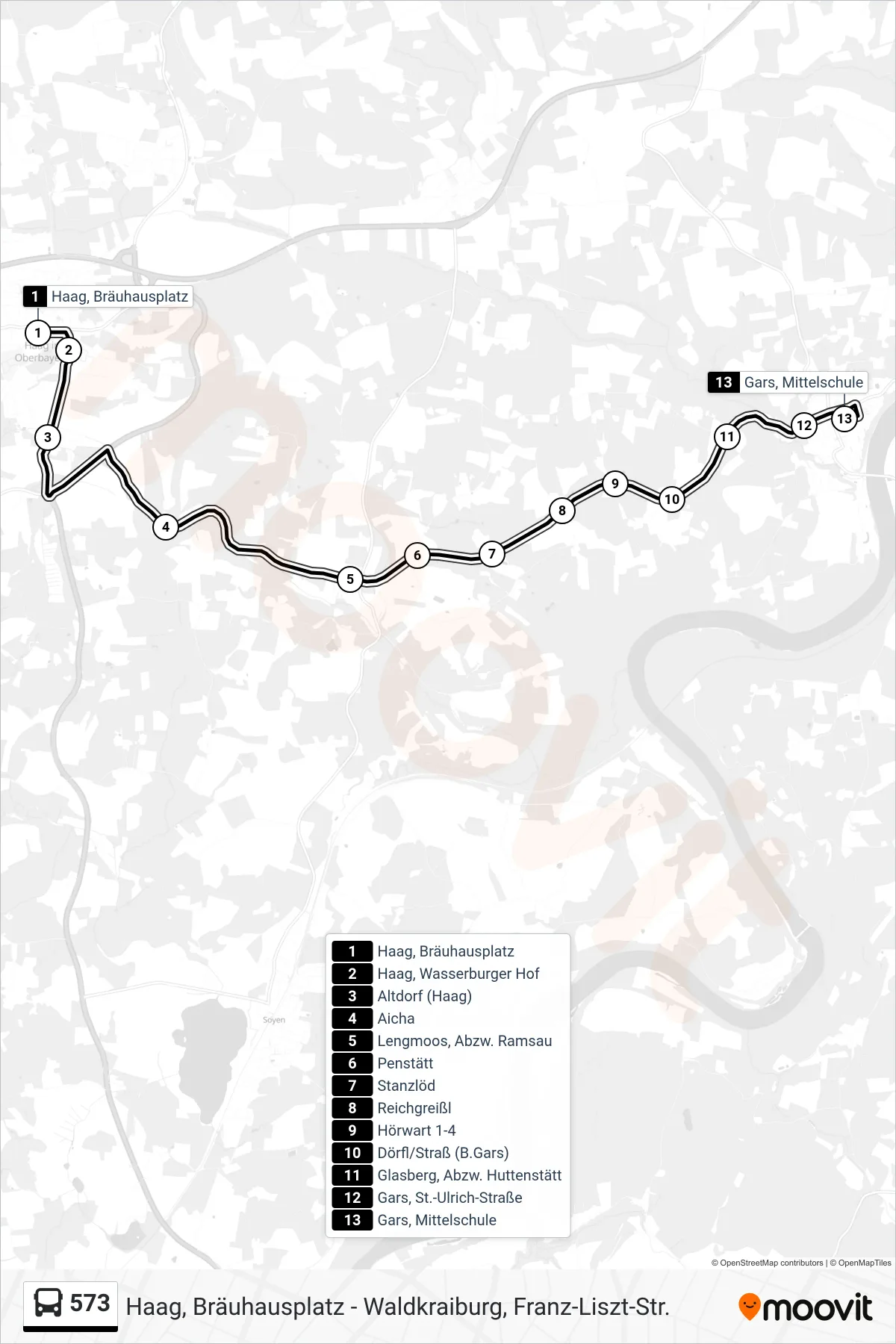 573 bus Line (Gars, Mittelschule) route and stops on a map