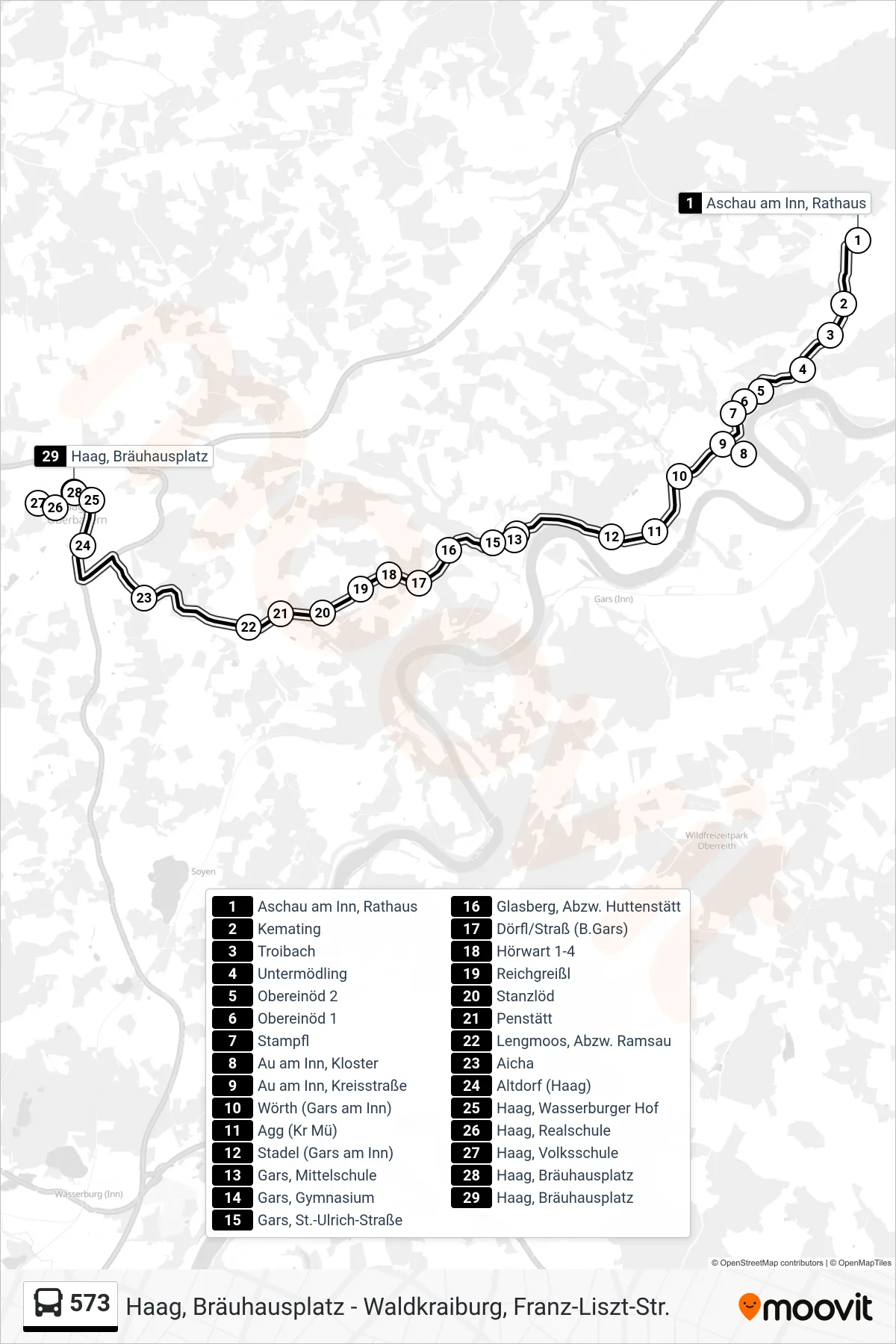 573 bus Line (Haag, Bräuhausplatz) route and stops on a map