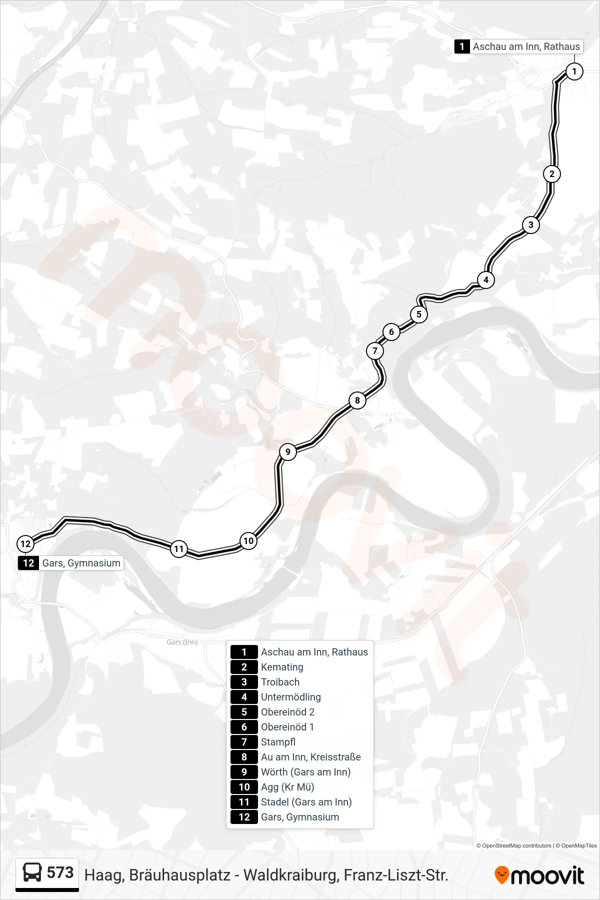 Linie 573 (Bus) Richtung Gars, Gymnasium: Route und Haltestellen auf der Karte