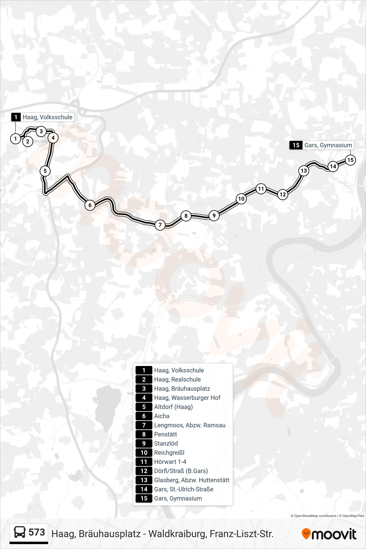 573 bus Line (Gars, Gymnasium) route and stops on a map
