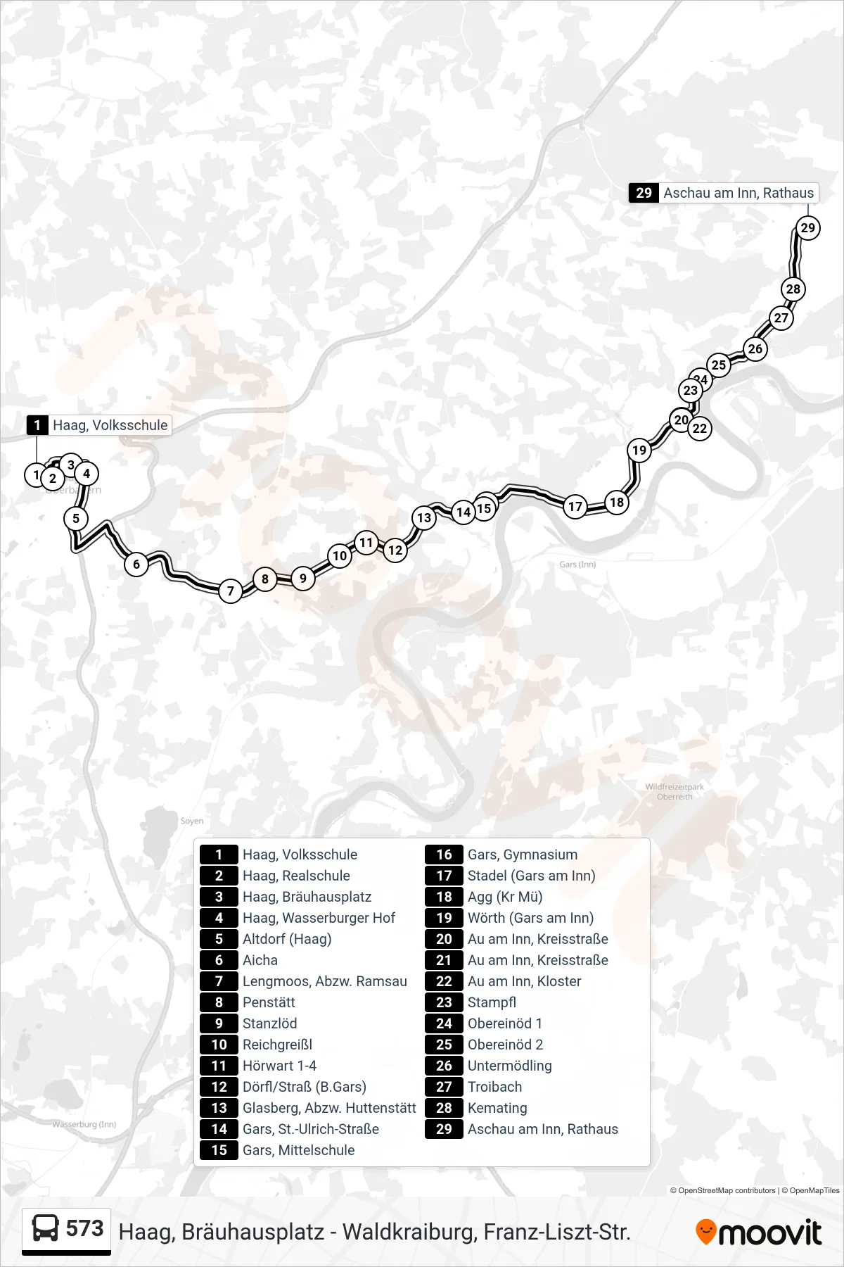 573 bus Line (Aschau am Inn, Rathaus) route and stops on a map