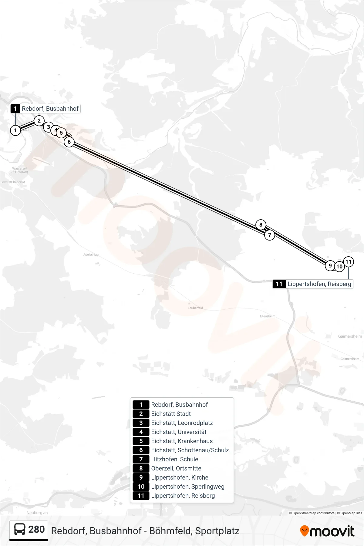 280 bus Line (Lippertshofen Üb Leonrodplatz) route and stops on a map