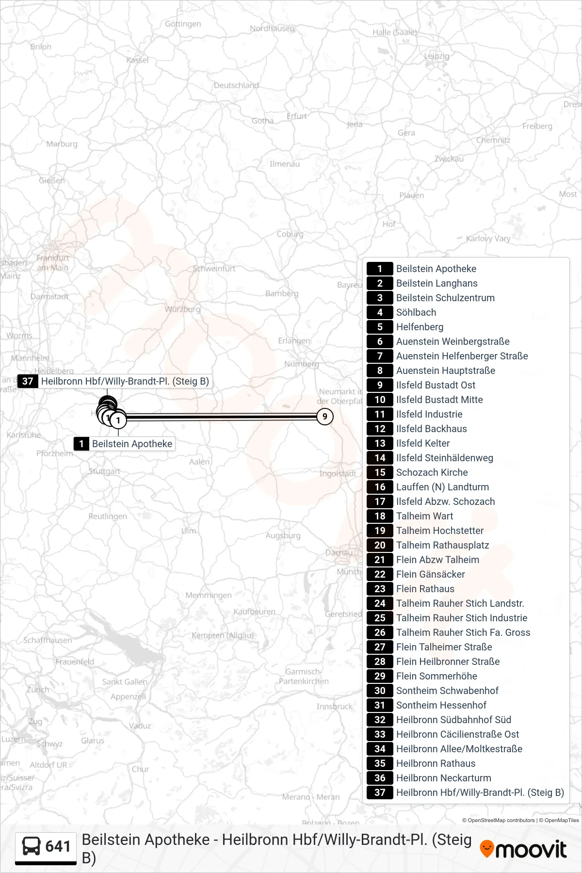 Linie 641 (Bus) Richtung Heilbronn Hbf/Willy-Brandt-Pl. (Steig B): Route und Haltestellen auf der Karte