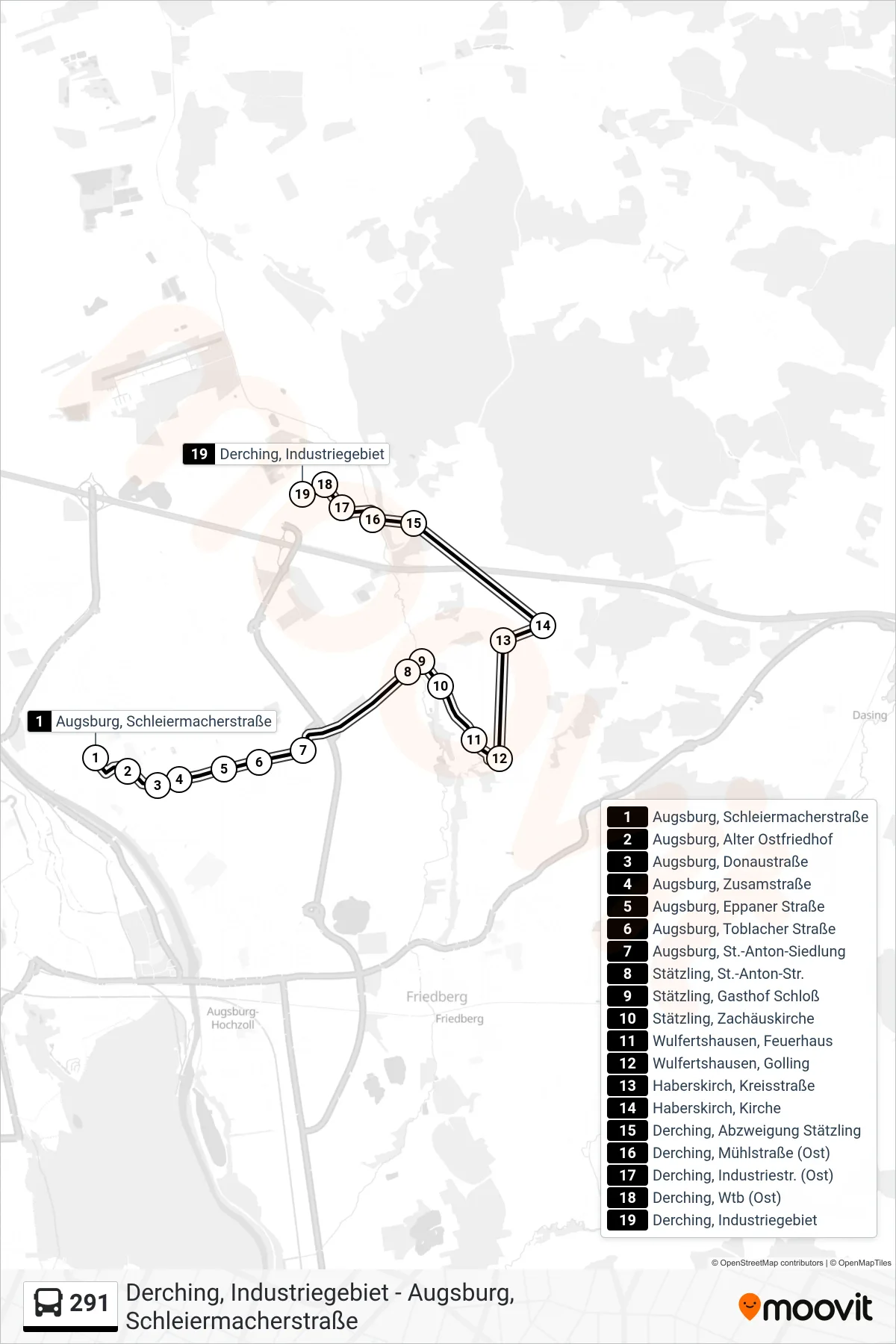 Linie 291 (Bus) Richtung Derching Industriegebiet: Route und Haltestellen auf der Karte