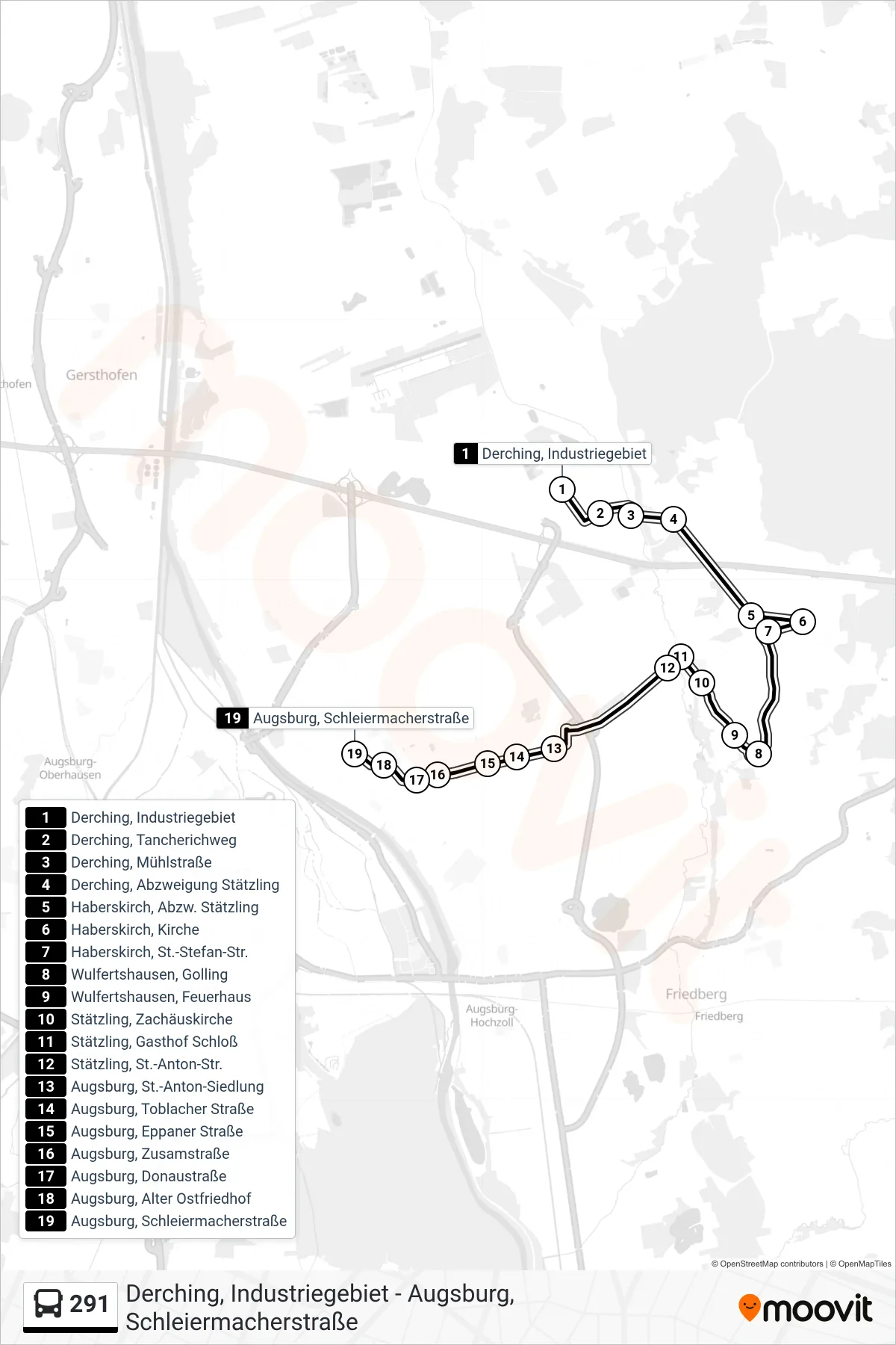 291 bus Line (A.-Schleierm. Schleiermacherstraße) route and stops on a map