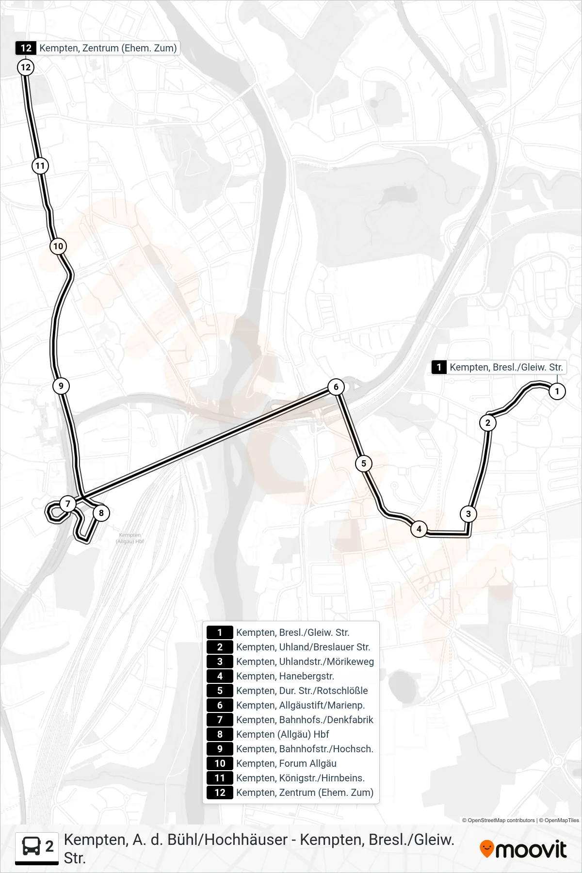 2 bus Line (Kempten, Zentrum (Ehem. Zum)) route and stops on a map