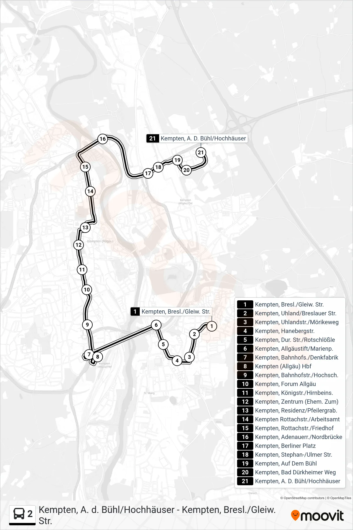 Linie 2 (Bus) Richtung Kempten, A. D. Bühl/Hochhäuser: Route und Haltestellen auf der Karte