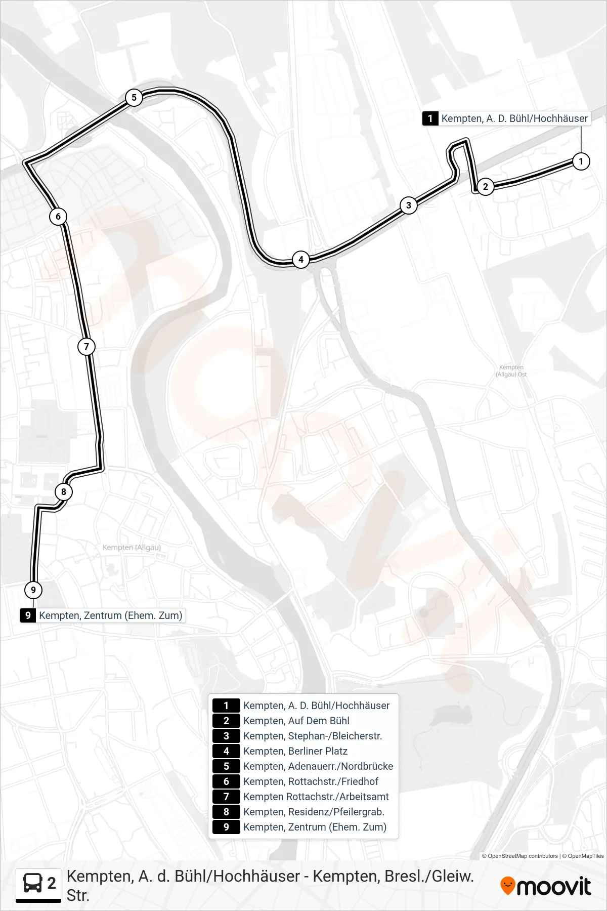 2 bus Line (Kempten, Zentrum (Ehem. Zum)) route and stops on a map