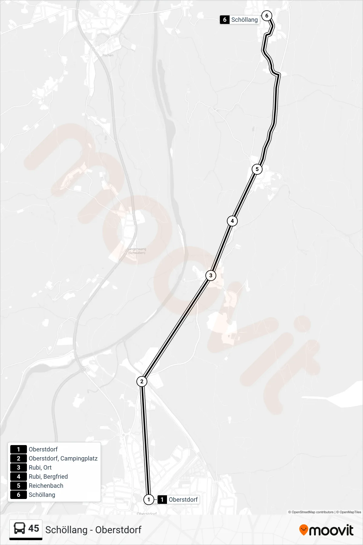 45 bus Line (Schöllang) route and stops on a map
