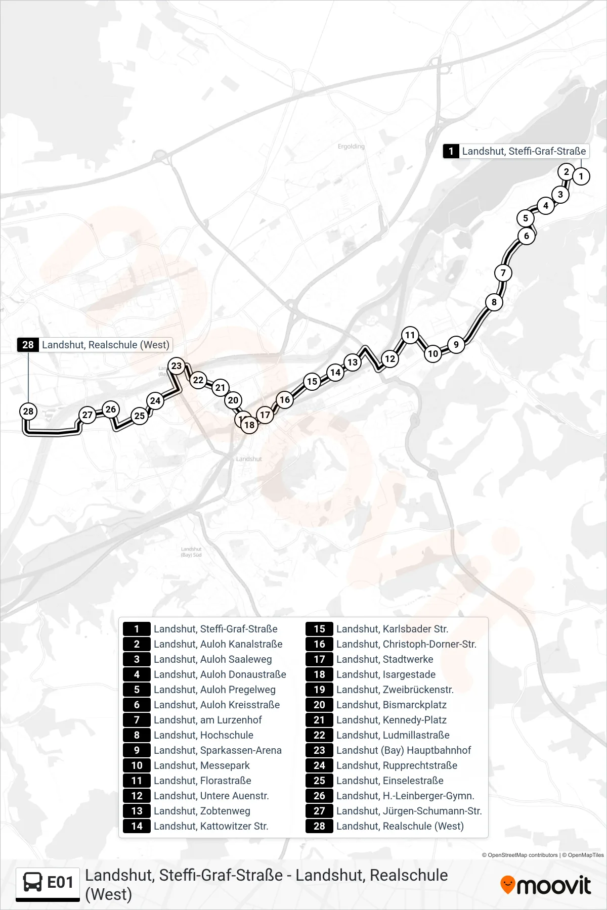 Linie E01 (Bus) Richtung Landshut, Realschule (West): Route und Haltestellen auf der Karte