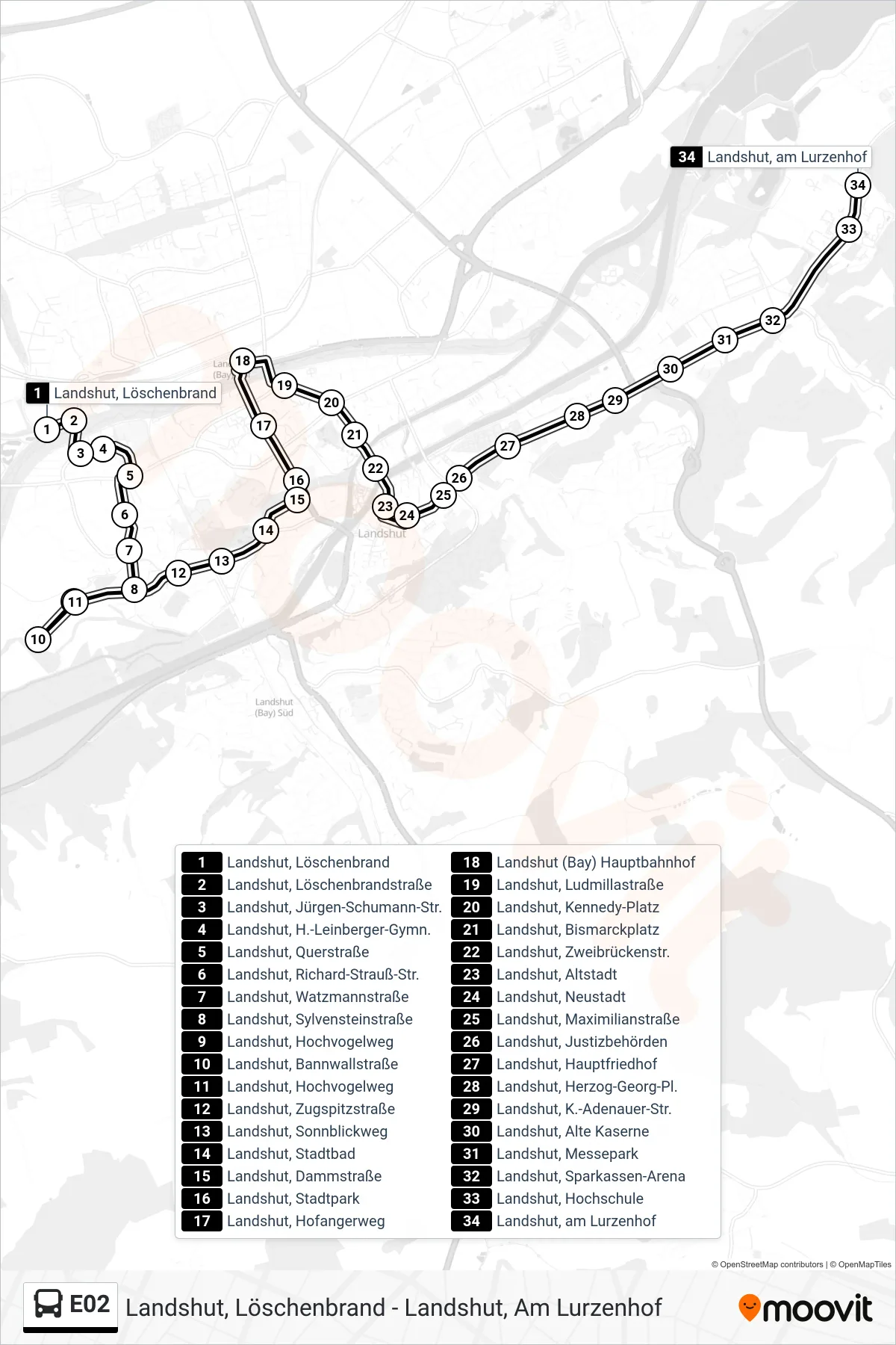 Linie E02 (Bus) Richtung Landshut, am Lurzenhof: Route und Haltestellen auf der Karte