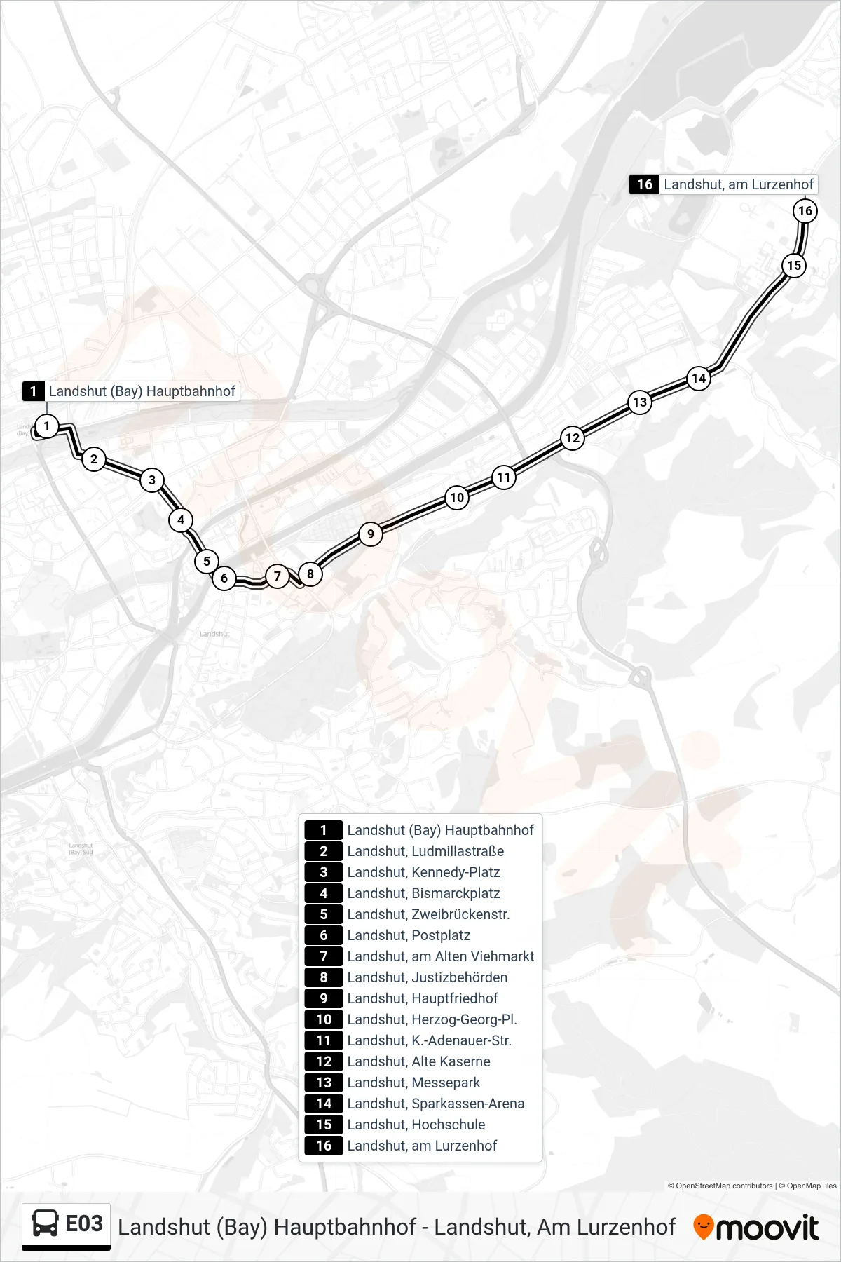 Linie E03 (Bus) Richtung Landshut, am Lurzenhof: Route und Haltestellen auf der Karte