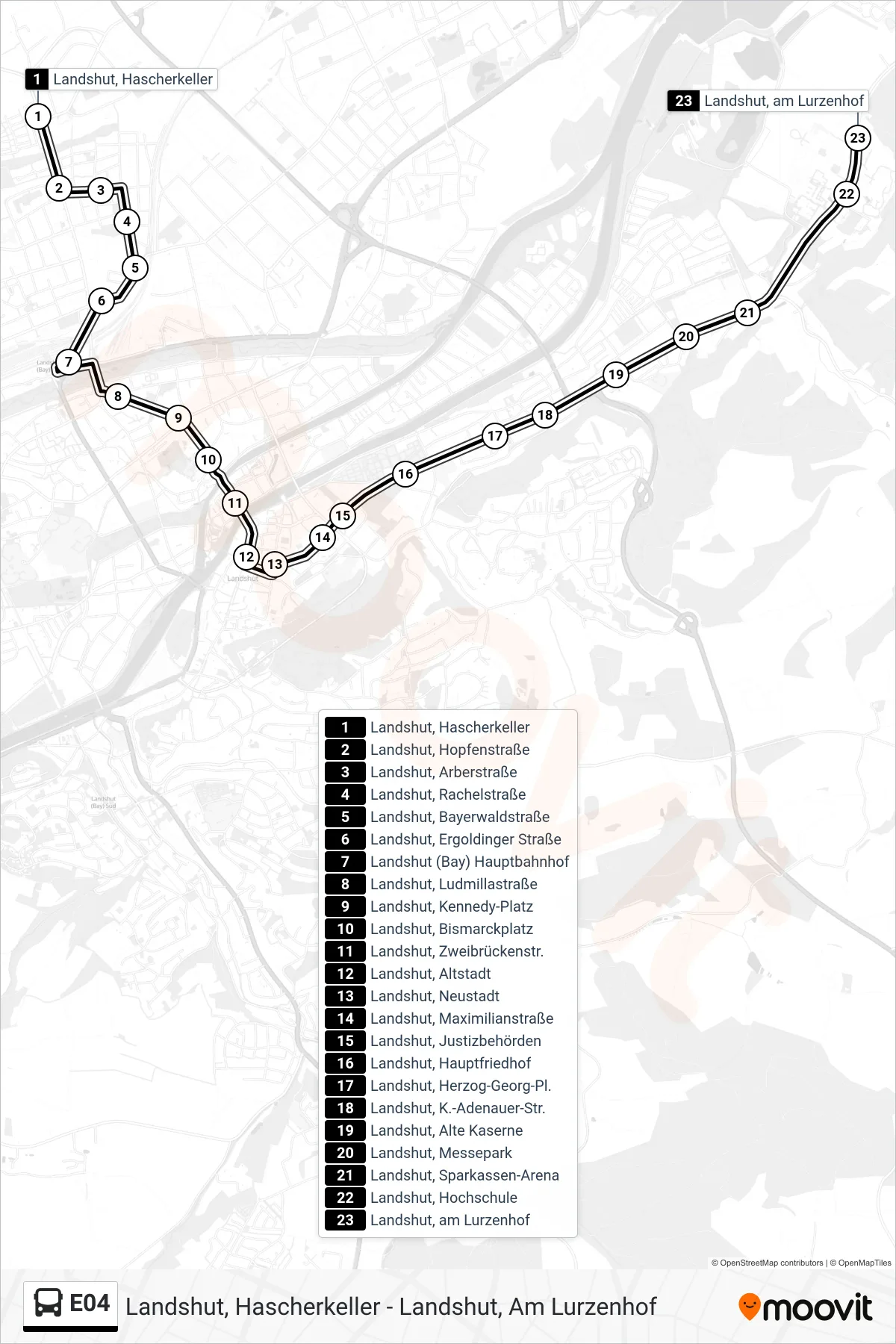 Linie E04 (Bus) Richtung Landshut, am Lurzenhof: Route und Haltestellen auf der Karte