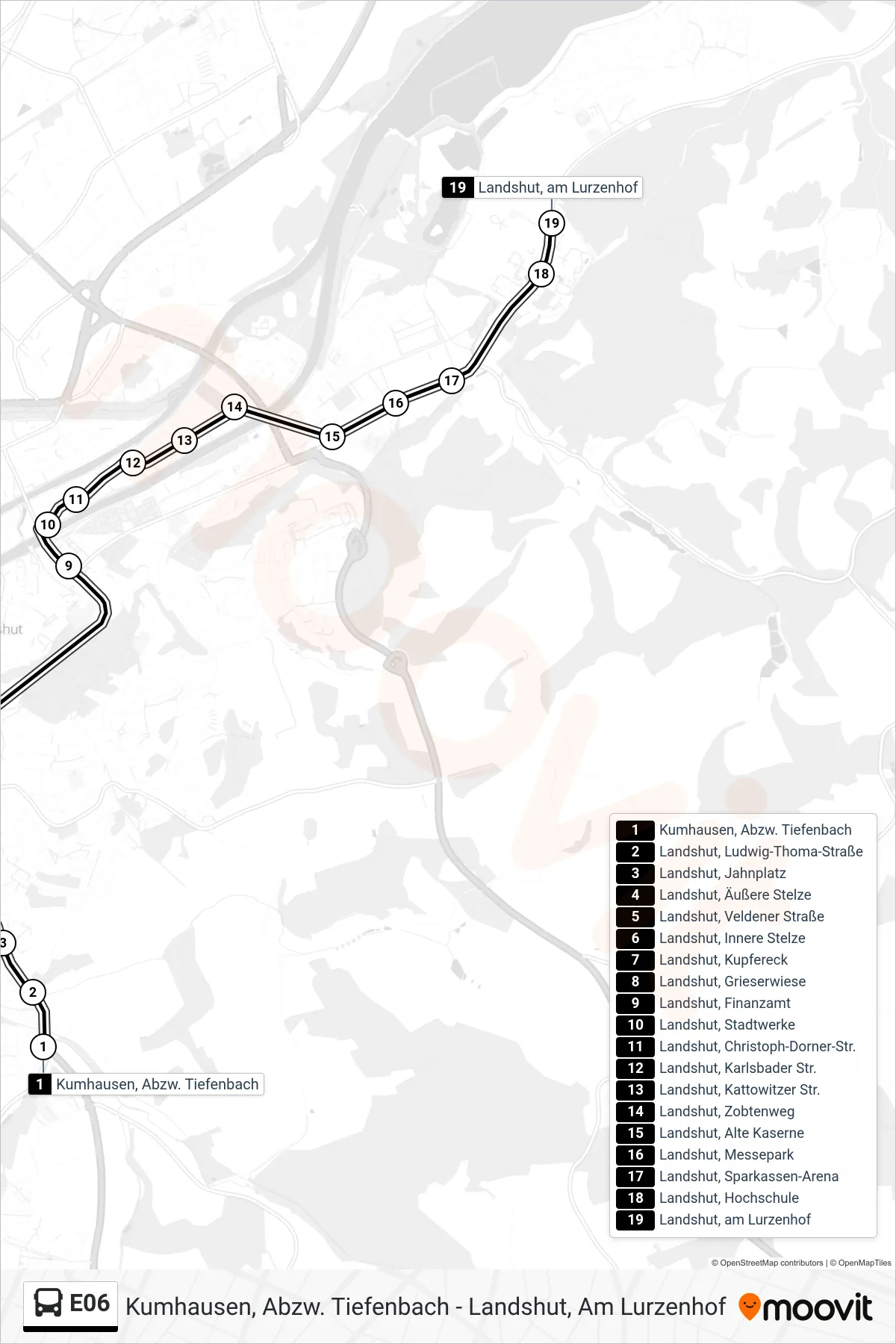 Linie E06 (Bus) Richtung Landshut, am Lurzenhof: Route und Haltestellen auf der Karte