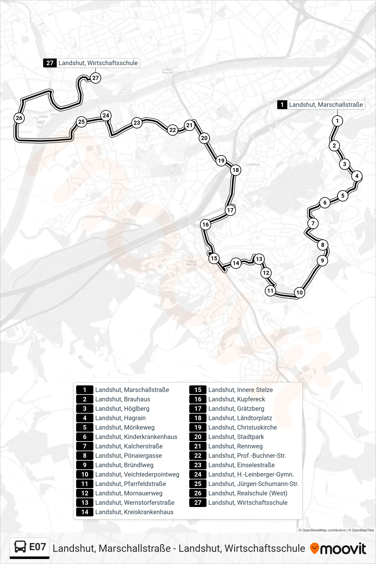 Linie E07 (Bus) Richtung Landshut, Wirtschaftsschule: Route und Haltestellen auf der Karte
