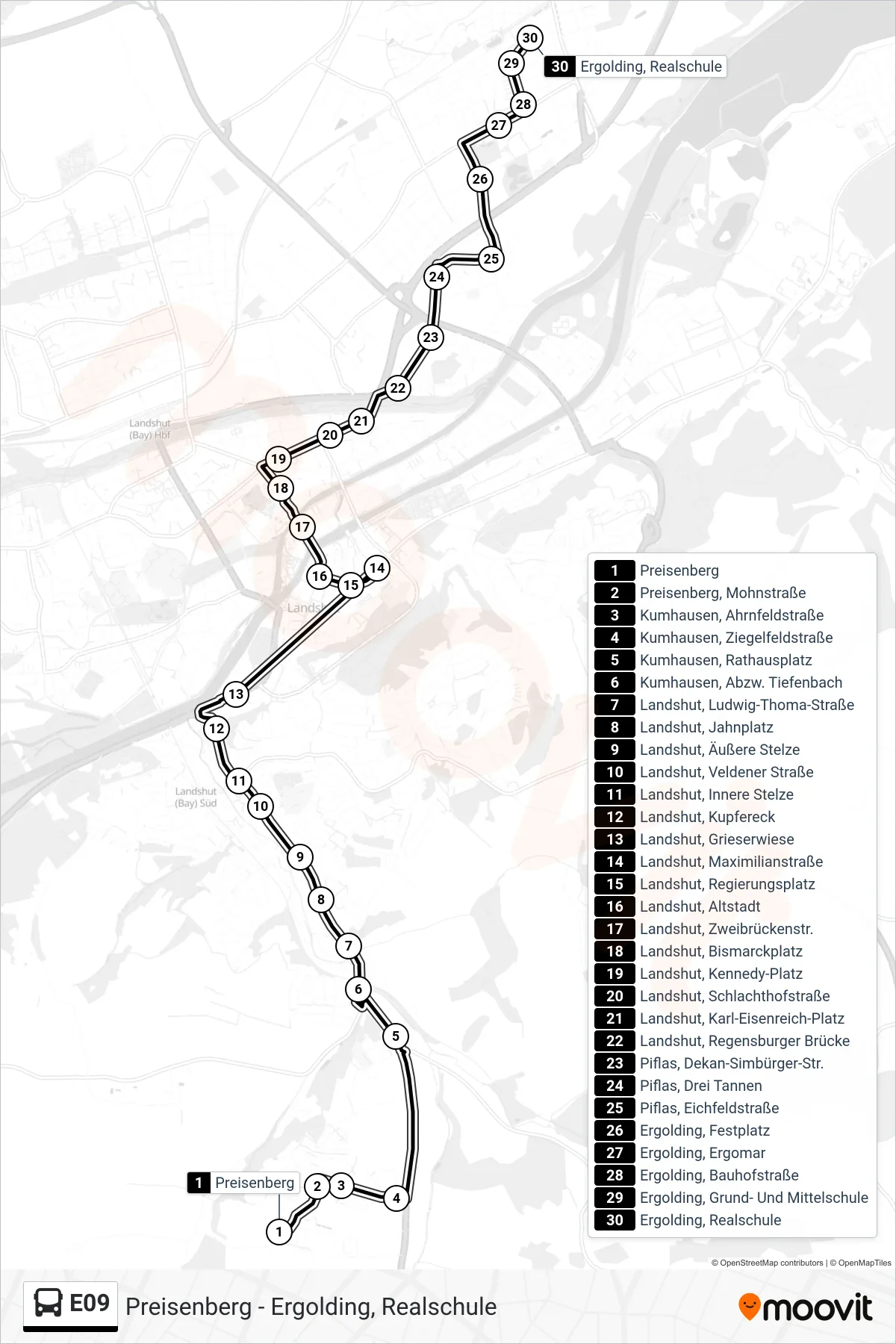 Linie E09 (Bus) Richtung Ergolding, Realschule: Route und Haltestellen auf der Karte