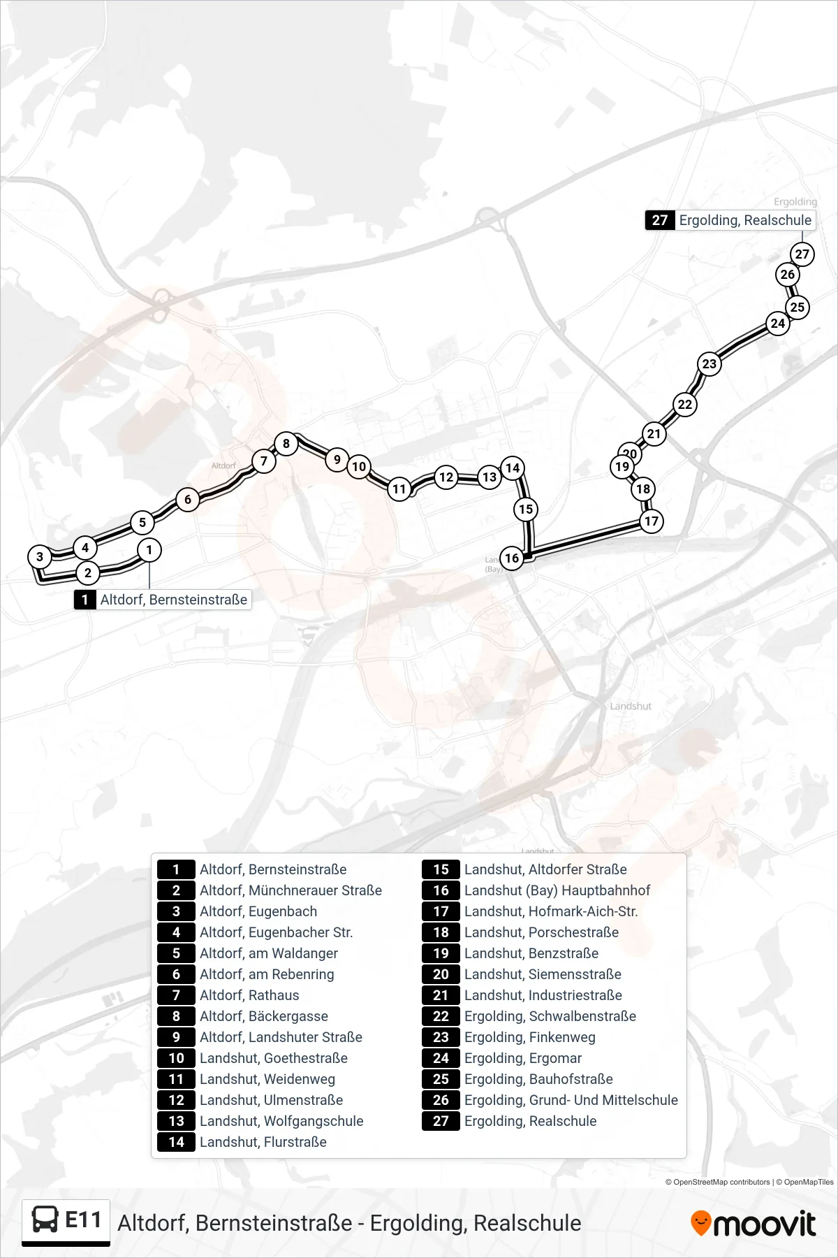 Linie E11 (Bus) Richtung Ergolding, Realschule: Route und Haltestellen auf der Karte